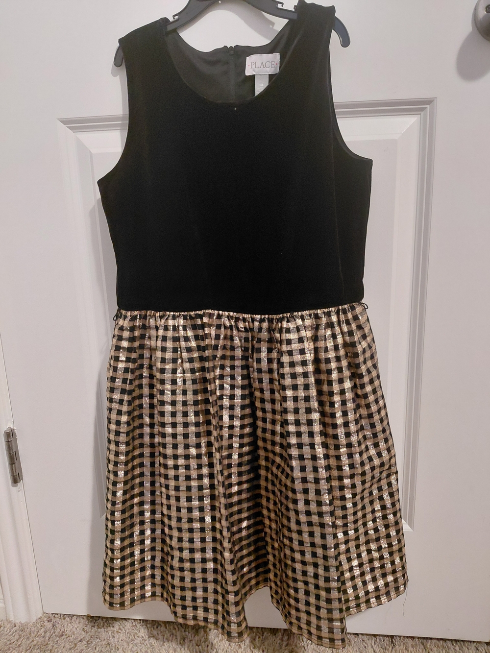 The Children's Place Black Velvet Top With Gold and Black Gingham Bottom Dress